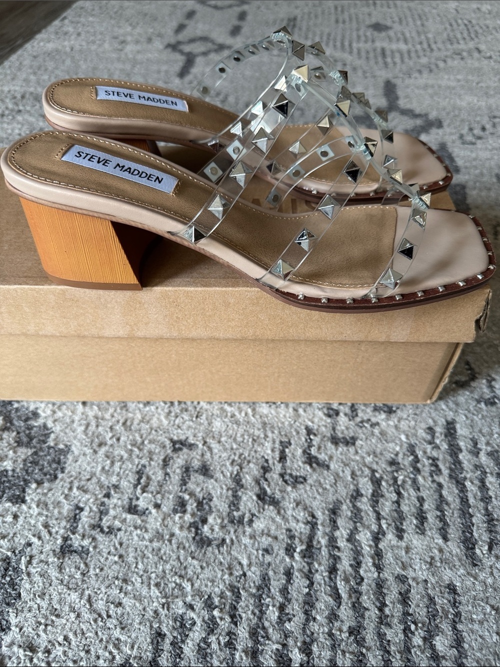 Steve Madden Nude and Clear Studded Block Heel Slides - Picture 4 of 8